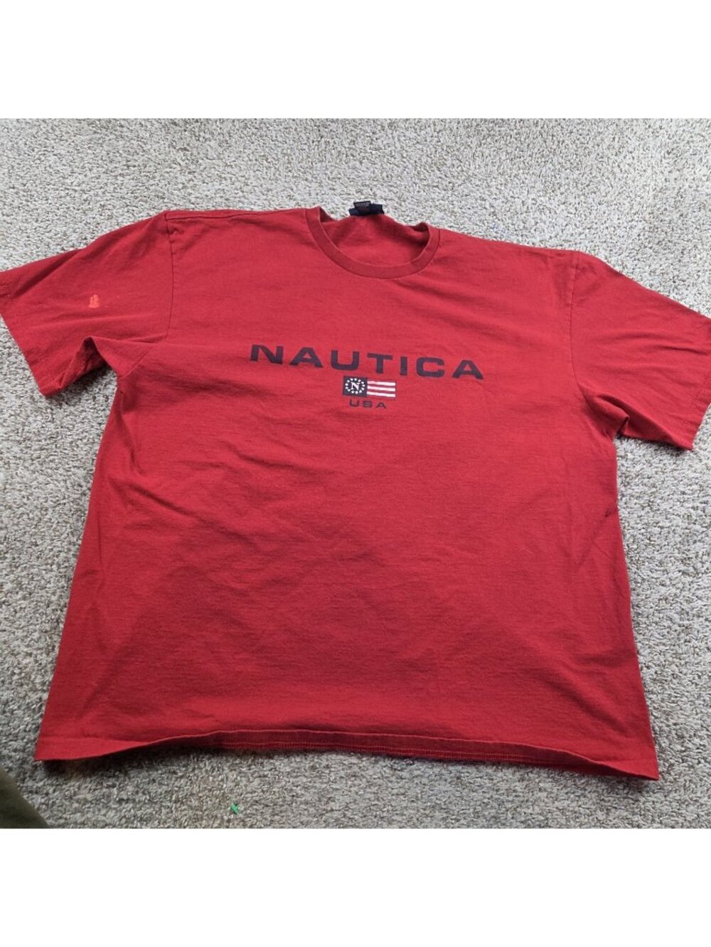 Vintage Nautica T Shirt Mens 2XL Red Logo Cotton Made in USA Spellout Flaw*